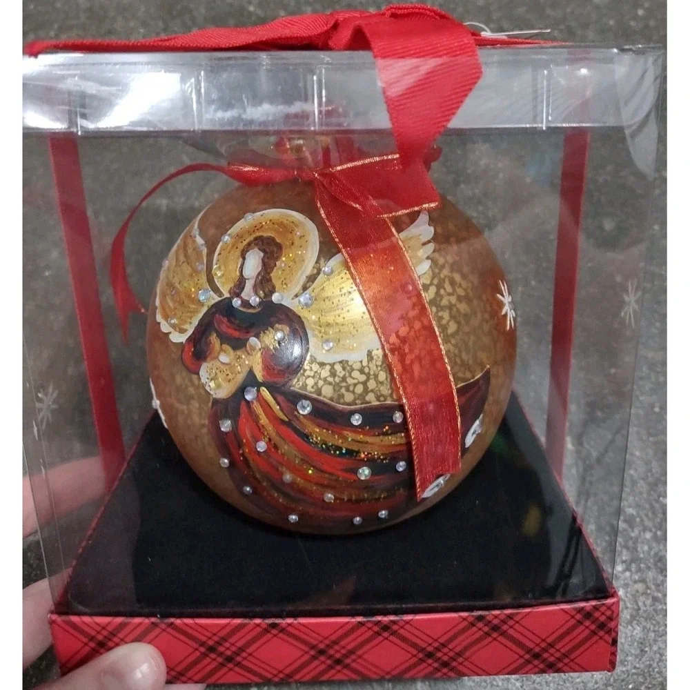 Bon-Ton Large Glass Christmas Ornament Hand Painted Angel Gold Speckle NIB